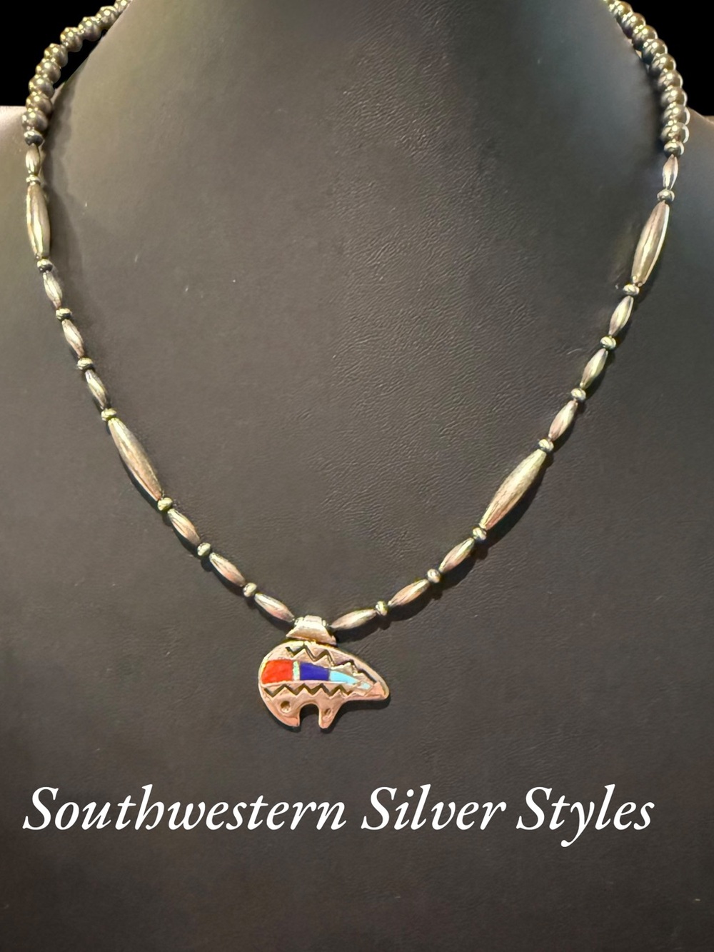 Sterling Silver Navajo Pearls Turquoise Lapis Red Coral Fetish Bear Necklace